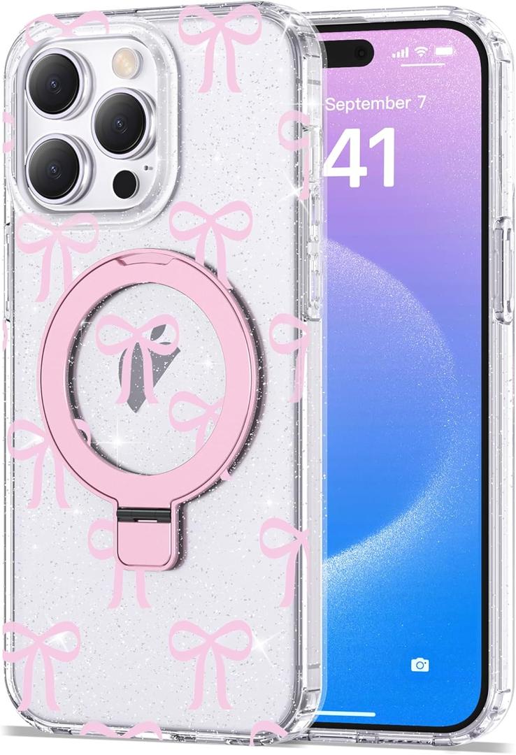 Compatible with iPhone 15 Pro Case Bow Pattern with Magnetic Ring Stand [Compatible with Mag-Safe] TPU Protective Phone Case for Women Girl, Clear Pink