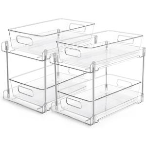Vtopmart 2 Tier Bathroom Storage Organizer, 2 Pack Clear Under Sink Organizers Vanity Counter Container, Cabinet Drawers Bins, Pull-Out Organization with Track for Pantry, Kitchen (Transparent)