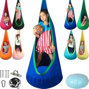 HiChrote Kids Pod Swing Seat, Max 300 Lbs, Child Sensory Swing Chair Indoor & Outdoor Therapy Hammock Chair with Hanger Kit for Calming, Effect for Autism, ADHD or SPD. (Blue)