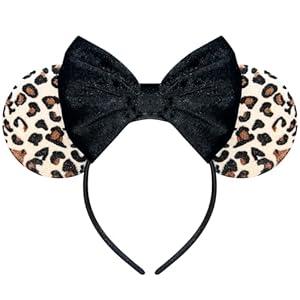 Leopard Print Mouse Ears Headband for Women, Black Fuzzy Bows Park Ears, Cute Hair Band