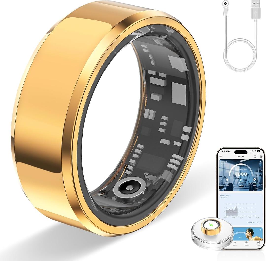 Smart Ring for Women & Men, Smart Rings Health Tracker with Heart Rate, Sleep Monitoring, Long Lasting Battery, IP68 Waterproof Fitness Ring for iOS & Android, No Subscription Fee (Gold, #7)