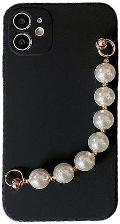 Designed for iPhone Case,Cute Silicone with Pearl Hand Bracelet Camera Lens Protection Shockproof Protective Cover Phone Case (Black,iPhone 14 Pro Max)