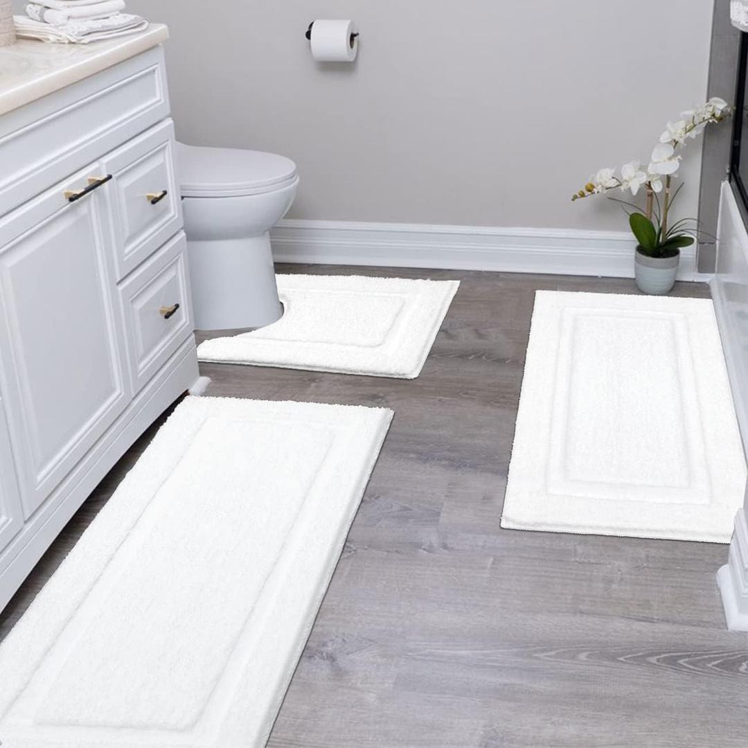 SHACOS White Bathroom Rugs Sets 3 Piece, 20"x32" + 20"x47" Non Slip Bath Mat and 20"x24" Toilet Rugs U Shaped Washable, Soft Fluffy Water Absorbent Bathroom Floor Mat SHACOS White Bathroom Rugs Sets 3 Piece, 20"x32" + 20"x47" Non Slip Bath Mat and 20"x24" Toilet Rugs U Shaped Washable, Soft Fluffy Water Absorbent Bathroom Floor Mat