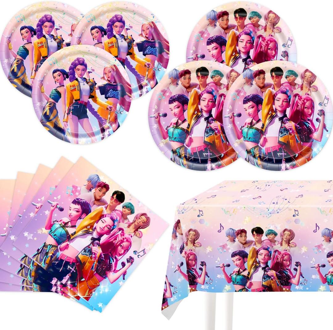 Demon Hunters Birthday Decorations, 20 Plates, 20 Napkins and 1 Tablecover for Boys Girls Kpop Party Supplies