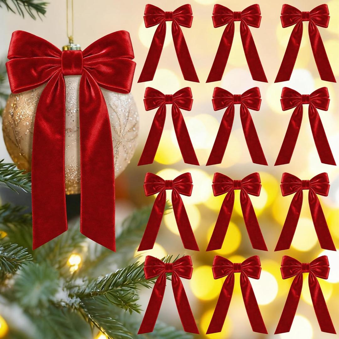 Aneco 12 Pcs Velvet Bows Christmas Ribbon Bow Tree Ornaments Vintage Xmas Bows for DIY Crafts Gift Wrapping Hair Garland Wreath Floral Holiday Door Decorations (9 x 13 Inch, Burgundy)