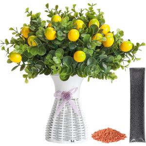 4-in-1 Faux Plant Set-Artificial Eucalyptus and Lemon Stems with Plastic Hollow Vase, Nano Mineral Odor Absorber Beads & Lemon Scented Pellets for Home Decor Air Fresh