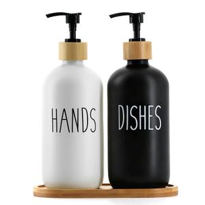 16Oz Black & White Glass Soap Dispenser with Bamboo Tray, Reusable for Hand and Dish Soap, Farmhouse Decor for Kitchen & Bathroom (2 Pack)