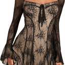 SOLY HUX Women's Lace Mesh Flare Long Sleeve Mini Dress Ruffle Flowy Party Cocktail Dresses (Medium) Black Lace