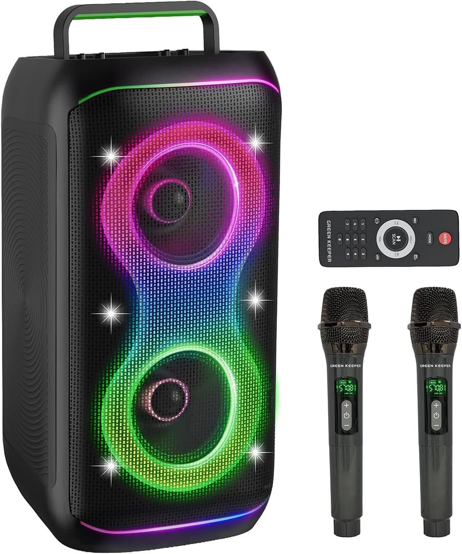 GKD61 Karaoke Machine for Adults with 2 Wireless UHF Microphones, 400W Peak Power Karaoke System with Dual 6.5'' Subwoofers, Portable Party Bluetooth Speaker with RC, Bass & Treble Control for Outdoor (Black)