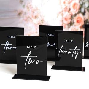UNIQOOO Black Wedding Double Sided Table Numbers with Stands 1-20 set, 5x7'' Acrylic Signs with Holders and Printed Calligraphy, Seat Display Wedding Decor Perfect for Centerpiece, Reception