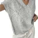 RoseSeek Women's 3D Floral Appliques V Neck Sweaters Short Sleeve Knit Tops Elegant Pullover Tops (XL)