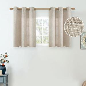 QUEMAS Short Kitchen Curtains 30 Inch Length for Small Window, Linen Curtains Light Filtering Burlap Semi Sheer Non See Through Grommet Cafe Bedroom Basement Curtains, 42 Inch Wide 2 Panel, Natural