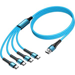 SIQIWO Multi USB C Cable Fast Charging, [4FT/2 Pack] QC 3.0(3A) USB C Splitter Cable, 4 in 1 Charger Cord with 4 Type C Ports, for iPhone 17/16/15 Series, iPad Air/Pro, Samsung Galaxy S25, Pixel, PS5 (Blue)