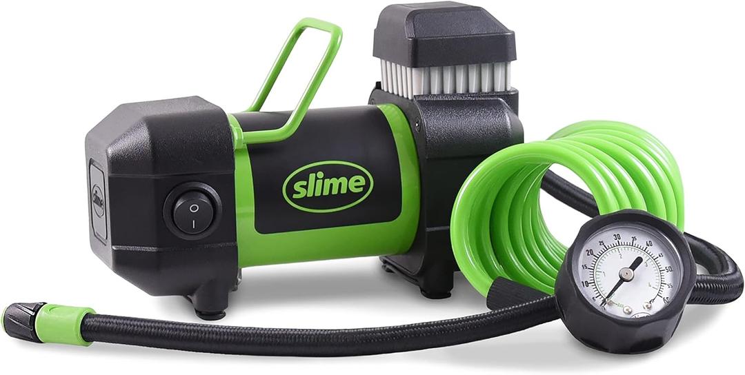 Slime 40030 Tire Inflator, Pro Power, Compact, Portable Car/Light Trucks Air Compressor, with Analog 100 psi Dial Gauge, Long Extended Reach Hose, 12V, 6 min Inflation