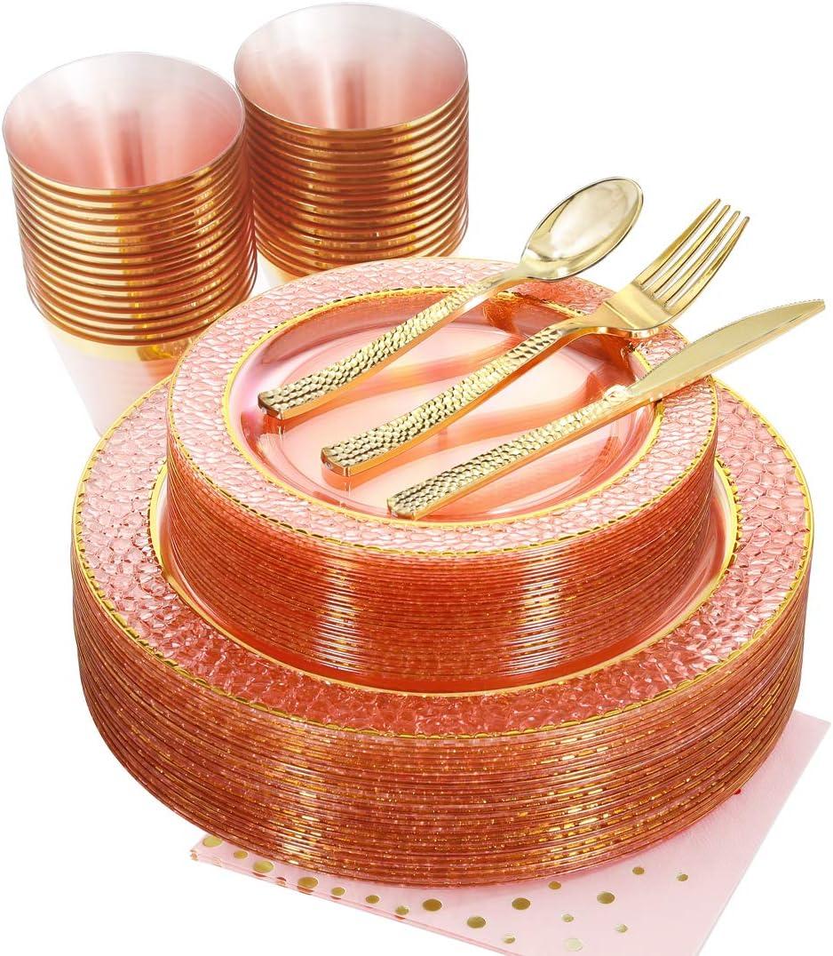 Nervure 175PCS Pink and Gold Plastic Plates - Pink Disposable Plates : 25 Dinner Plate,25 Dessert Plate, 25 Forks,25 Knives, 25 Spoons, 25 Cups,25 Napkins for Wedding & Party & Mother's Day