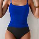 Women's One Piece Swimsuit Tummy Control Slimming Bathing Suit Color Block Ruched Swimwear (Medium, Royal Blue and Black)