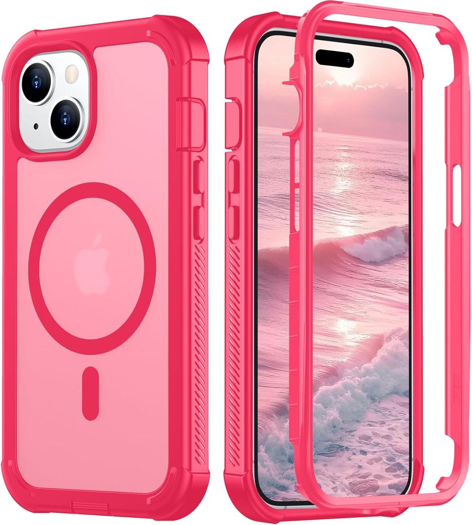 Red2Fire Magnetic for iPhone 15 Case, [Compatible with MagSafe][Military Grade Drop Protection][Heavy Duty Shockproof] Non-Slip Translucent Matte Bumper Phone Case for iPhone 15 6.1"-Hot Pink