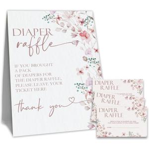Baby Shower Diaper Raffle Game Set,Baby Shower Game Kit,Watercolor Flower Theme 1 Standing Sign & 50 Raffle Tickets,Baby Announcement,Gender Reveal Party Decorations & Supplies-A02