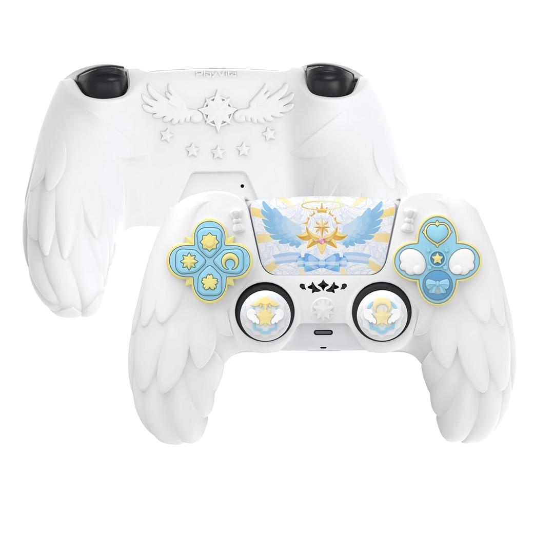 PlayVital Magic Wings Protective Silicone Cover Skin for ps5 Controller  Soft Anti-Slip Grip Protector Case for ps5 Controller with Thumbstick Caps & Stickers, Charging Station Compatible - White