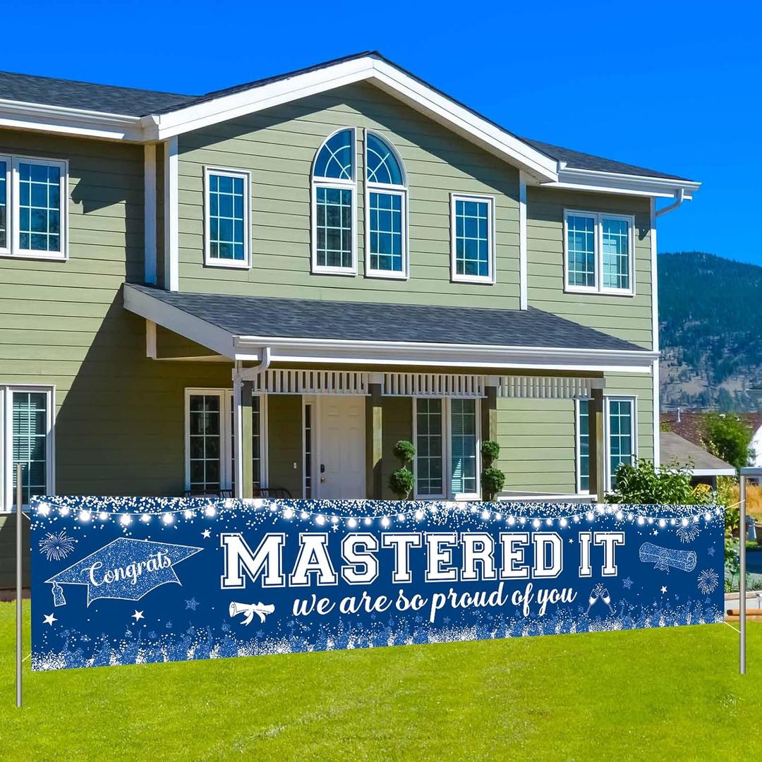 Blue & White Master's Graduation Banner Decoration: Mastered It Yard Banner We Are So Proud of You Backdrop - Large Navy Yard Sign Decor for Master Degree Graduate Party Supplies