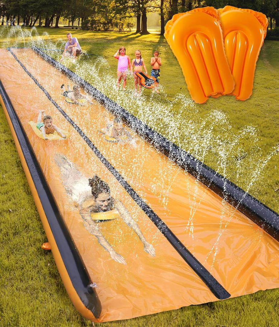 Slip and Water Slide for Kids and Adults Extra Long Water Slides for Backyard Build in Sprinkler with Two Bodyboards Heavy Duty Summer Outdoor Backyard Water Toys (22FT)