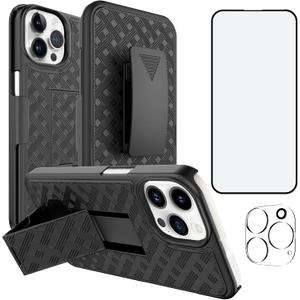Ailiber Compatible with iPhone 15 Pro Max Case, iPhone 15 Pro Max Holster Case with Camera Lens&Screen Protector, Swivel Belt Clip Kickstand Holder, Slim Full Body Shockproof Phone Cover-Black