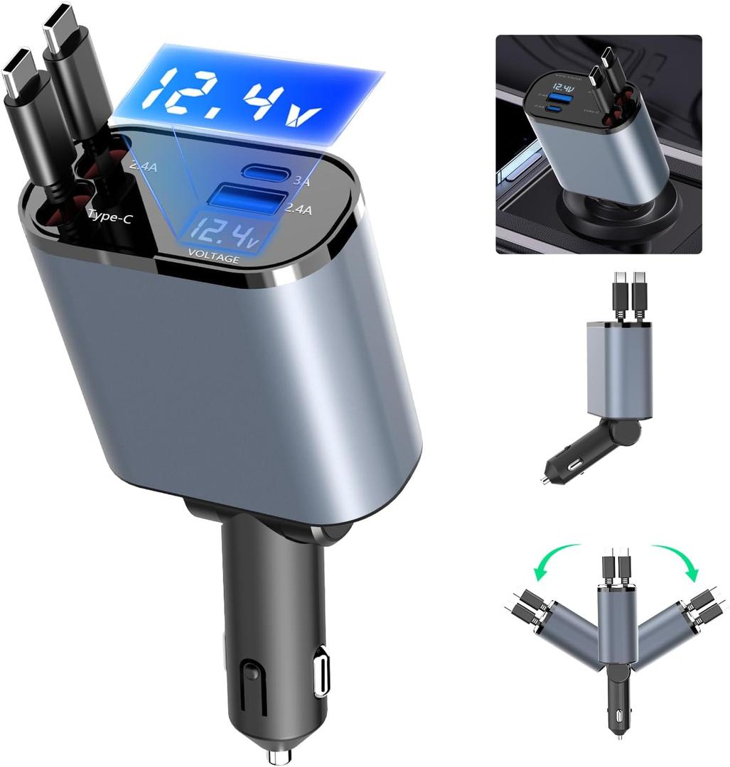 Paiholy 4 in 1 Retractable Car Charger,100W Fast USB Car Phone Charger, Dual Type-C Retractable Cables and 2 USB Ports Compatible with iPhone16/15/14 Pro Max, Galaxy S24/S23, Google Pixel (Square Double Type-C Retractable Cables)