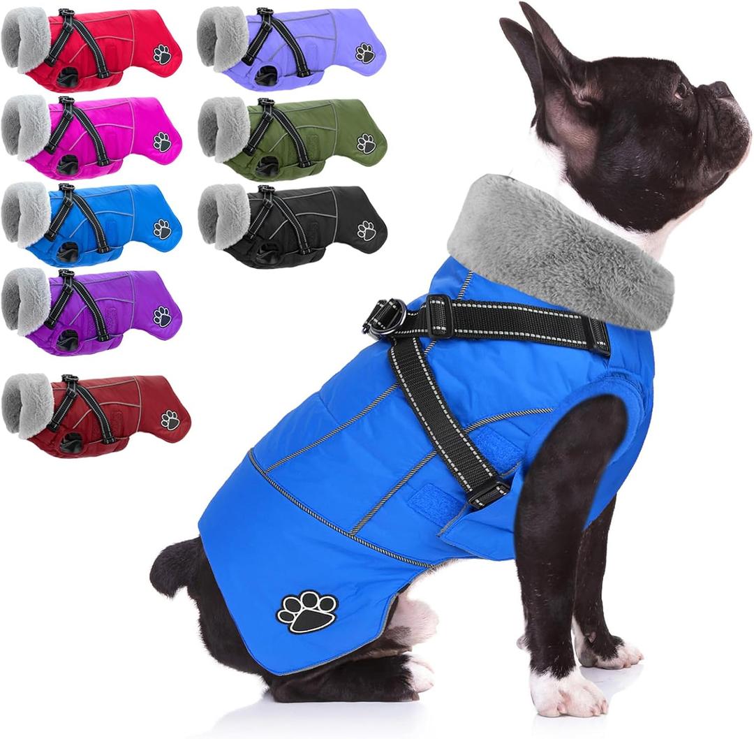 Doglay Dog Coat with Harness, Reflective Warm Dog Jacket Waterproof Puppy Winter Coat for Cold Weather, Adjustable Fleece Jacket for Small Medium Large Dogs (Blue)