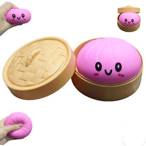 Dumpling Squishies, Large Dumpling Squishy, Mystery Jumbo DumplingSquishy,Food Steamer Stretchy Desk Toys, Cute Anxiety Relief Fidget Toy, Soft Squeeze Decompression Dough for Adults (Pink with Eyes)