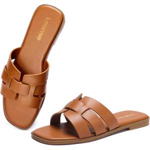 Flat Sandals for Women Comfortable Slip On Dressy Summer Leather Slides with Square Open Toe (9, Brown)