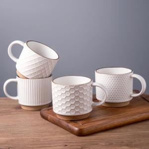 GBHOME 12OZ Stackable Coffee Mugs, Ceramic Coffee Mugs with Texture Patterns for Man, Woman, Dad, Mom, Modern Coffee Mugs Set of 4 for Latte/Cappuccino/Cocoa. Dishwasher & Microwave Safe, Off White