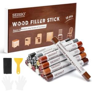 Wood Filler Sticks, 18 Colors Wood Wax Crayons, SEISSO Furniture Repair Scratch Wax Stick Pen kit for Touch Ups Scratches, Scuffs, Cracks, Nail Holes of Hardwood Floors, Cabinets, Tables, Doors