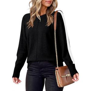 Dokotoo Black Sweaters for Women 2025 Trendy Fall Fashion Color Block Sweater Long Sleeve Crewneck Loose Fit Ribbed Trim Chunky Pullover Knit Tops X-Large