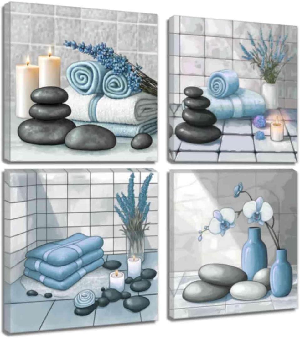 ZQQART Zen Wall Art for Bathroom Decor Zen Stone & Orchid Still Life Pictures Bath Canvas Prints Zen Meditation Room Spa Wall Decor (Blue,12.00" x 12.00" x 4)