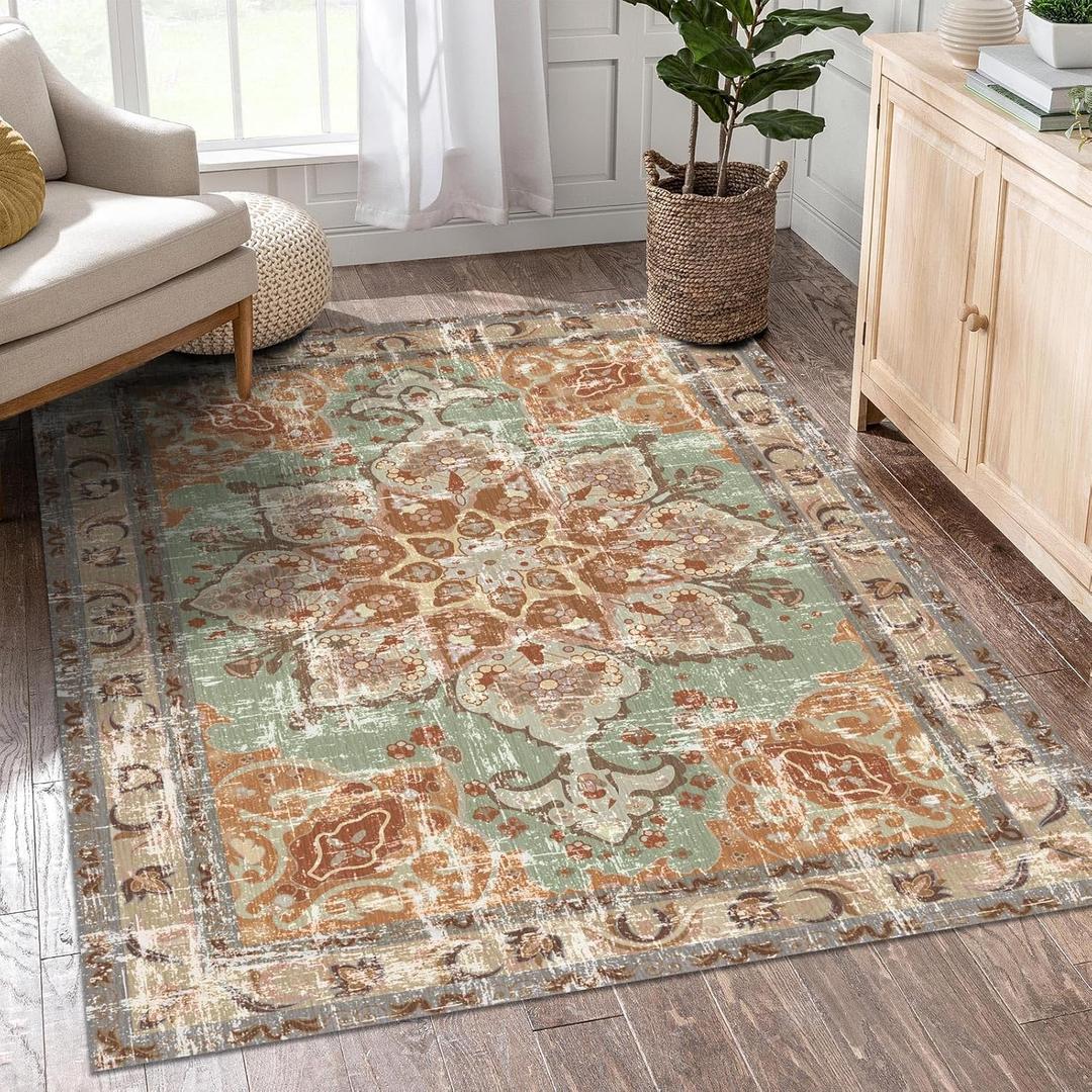 Vhong Boho Vintage Area Rugs Washable Neutral Modern Brick Non Slip 3x5 Small Carpet for Living Room Dining Room Bedroom Farmhouse