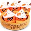 Emotional Support Lattes by Relatable, Fall Plushies Stuffed Animal Toy, Perfect Small Gift for Coffee Lovers, Gift Baskets, and Loved Ones of All Ages, Includes 5 Fall Plushies with Carrying Basket