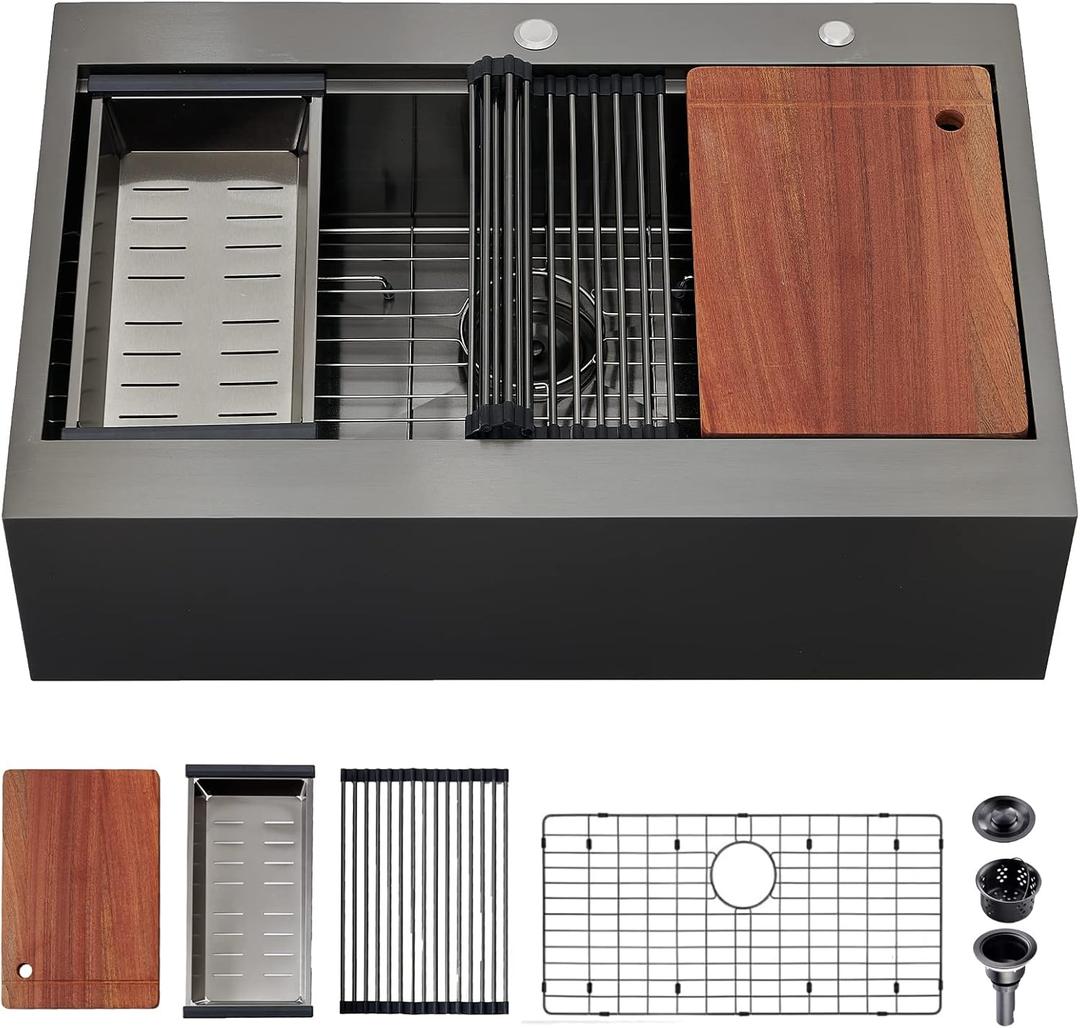 33x22 Inch Black Drop In Farmhouse Sink, 33 Inch Gunmetal Black Top Mount Farmhouse Kitchen Single Bowl Topmount Apron Front Farm Workstation Stainless Steel Sink