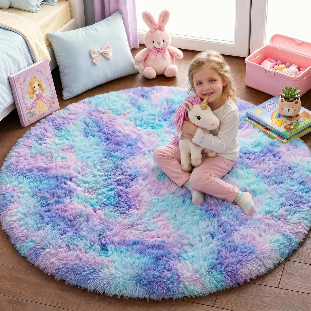PAGISOFE Fluffy Kawaii Round Rug 4Ft for Girls Bedroom Decor, Purple Rainbow Mermaid Rugs for Kids Playroom, Teen Girl Room, Nursery, Dorm, Cute Furry Pastel Rug, Soft Plush Tent Carpet