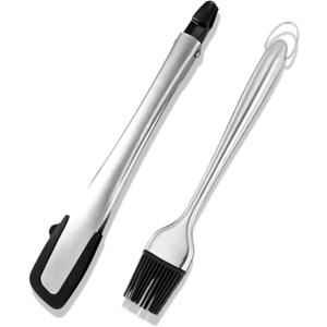 Heat-Resistant Kitchen Tongs and Basting Brush Set - 600 Stainless Steel Cooking Tongs with Metal Locking Mechanism - Ideal for Cooking, Grilling Steak, Baking Bread, and BBQ,(Silver 2Pcs)