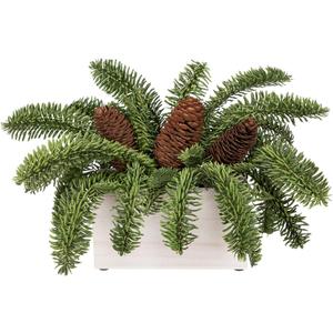 DILATATA Christmas Centerpieces 8 Inch Artificial Christmas Plant in Rectangular Wooden Pot Tabletop Pine Plants with Pine Cones for Winter Holiday Party Fireplace Mantel Xmas Decor (Style 6)