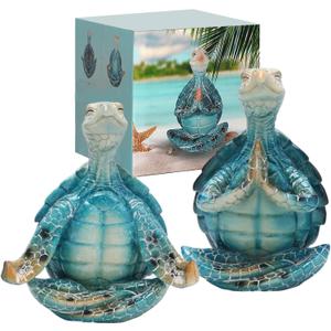 Sea Turtle Meditation Yoga Decor, Coastal Beach Decorations, Zen Resin Statue for Home Office (2PC)