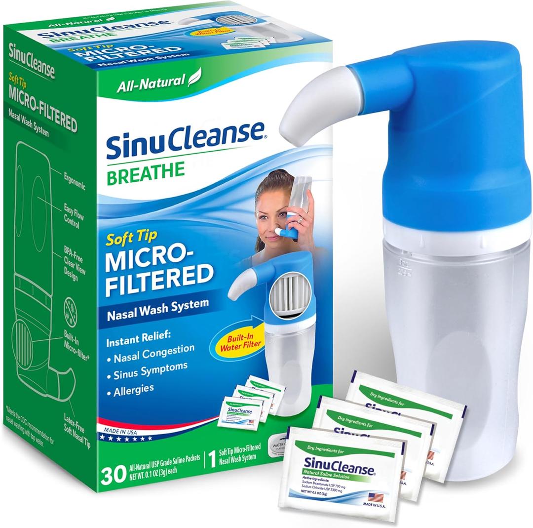 SinuCleanse Soft Tip Micro-Filtered Nasal Wash System, Relieves Nasal Congestion Due to Cold & Flu, Dry Air, Allergies, 30 All-Natural Saline Packets, Made in USA, EXP: 06/30/2028