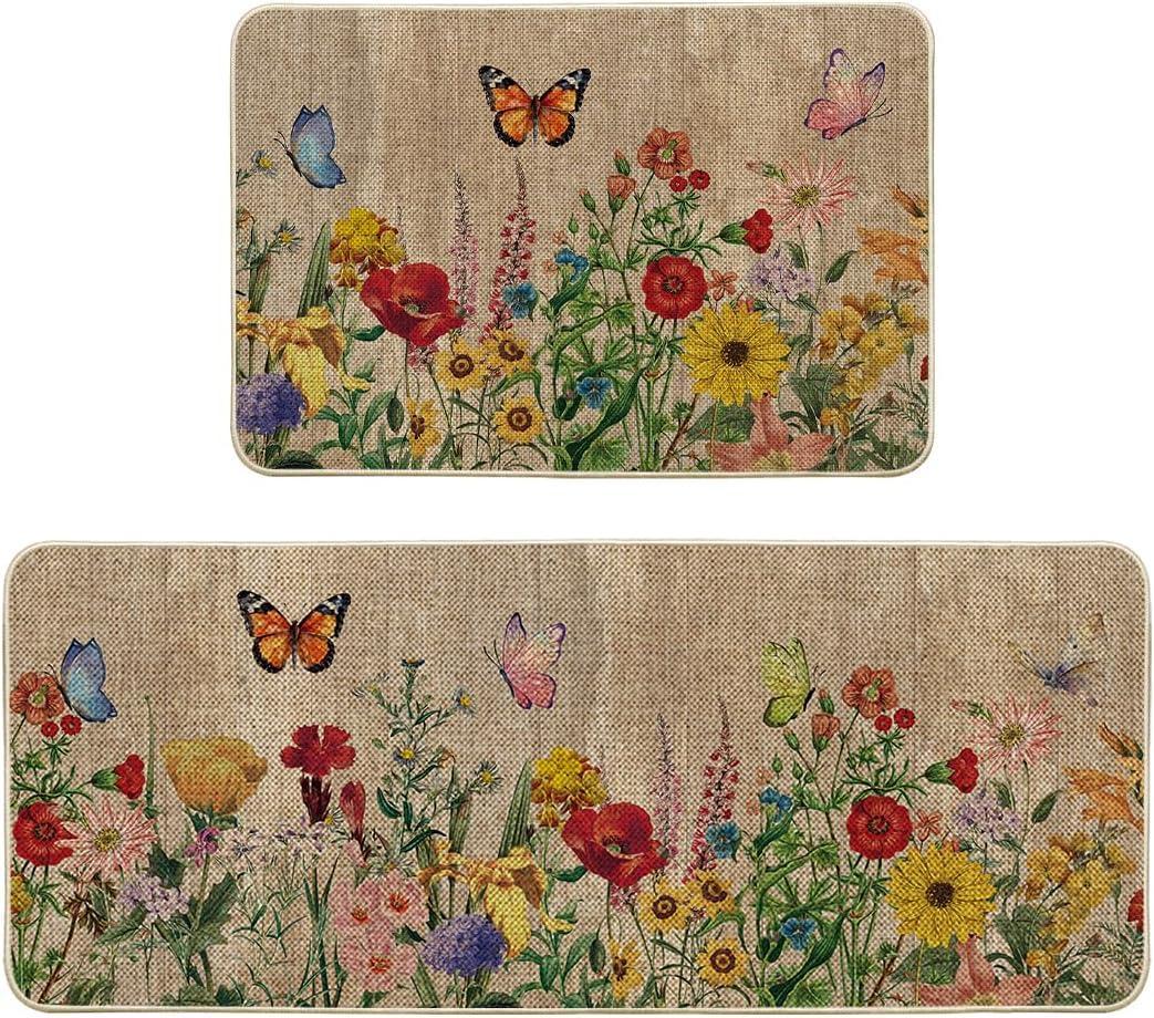 Artoid Mode Wood Flowers Butterfly Spring Kitchen Mats Set of 2, Seasonal Home Decor Leaves Low-Profile Kitchen Rugs for Floor - 24x35 and 24x59 Inch