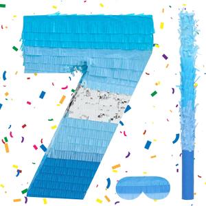 Number 7 Pinata Bundle with a Blindfold and Bat(16.2 x 11.1 x 4 Inches), Perfect for Boys and Girls Birthday Party Supplies, Blue Theme Birthday Decoration
