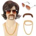 Bettecos 70s 80s Costume Wigs for Men with Mustache Glasses and Chain Short Brown Shaggy Disco Wig for Rocker Singer Hippie Retro Cosplay Halloween Party