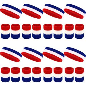24 Pcs Neon Sweatbands Set Include 8 Pcs Sports Headband and 16 Pcs Cotton Wristbands 80s Neon Sweat Bands Bulk for Gym, Tennis, Basketball, Running, Exercise (Red Blue White)