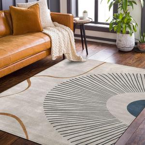 Minimalist Abstract Area Rug 5'x7' Beige Boho Rugs Non-Slip Geometric Art Carpet Mat for Living Room, Bedroom, Dining Room, and Kitchen (5' x 7' (Rectangular), Abstract Retro Beige)