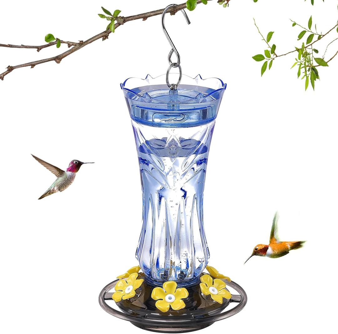 Jealoeur Hummingbird Feeder for Outdoors Hanging, 18 OZ Humming Birds Feeders with 6 Bee Guard Feeding Ports & Built-in Ant Moat, Easy to Clean, Durable Outdoor Garden Decor, Blue