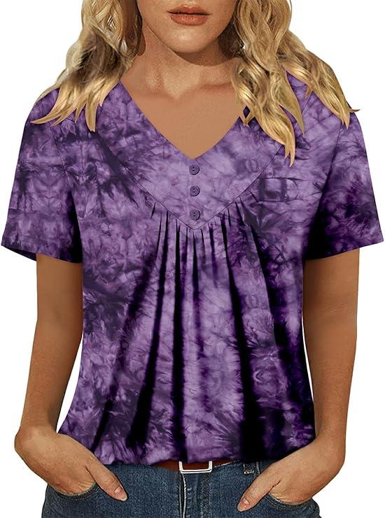 KISSMODA Womens Tops Short Sleeve Plus Size Tunic Top Casual Shirt O-neck Boho Blouse Summer Basic Tunics Tops for Woman Medium