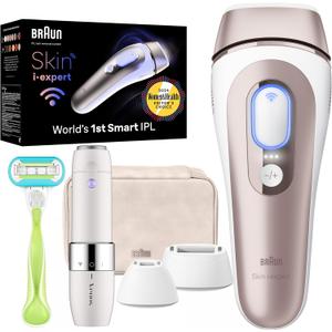Braun Skin i-Expert Smart IPL PL7219 at Home Laser Hair Removal for Women and Men with App, Premium Pouch, Venus Razor, 2 Smart Heads, Facial Trimmer (White/Bronze New)